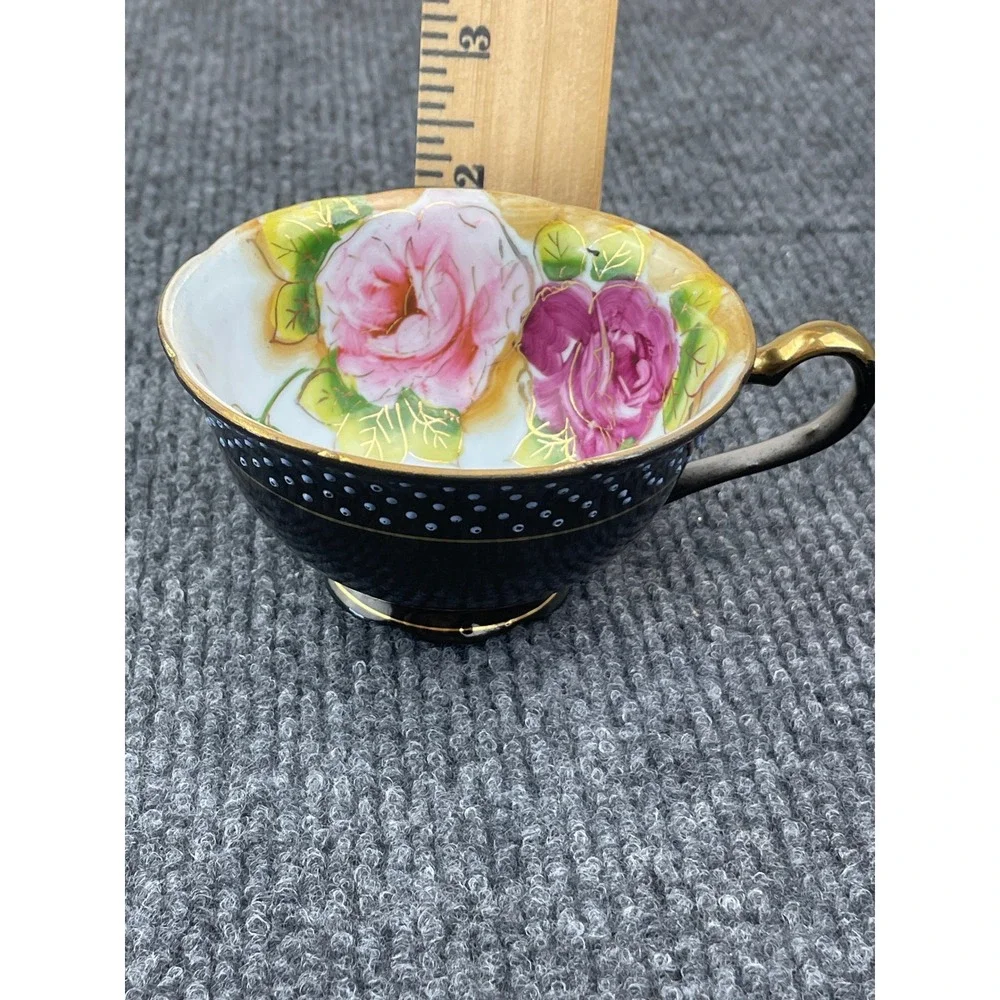 VTG. Merit Occupied Japan Tea Cup Black Polka Dot Pink Rose Gold Gilt Porcelain